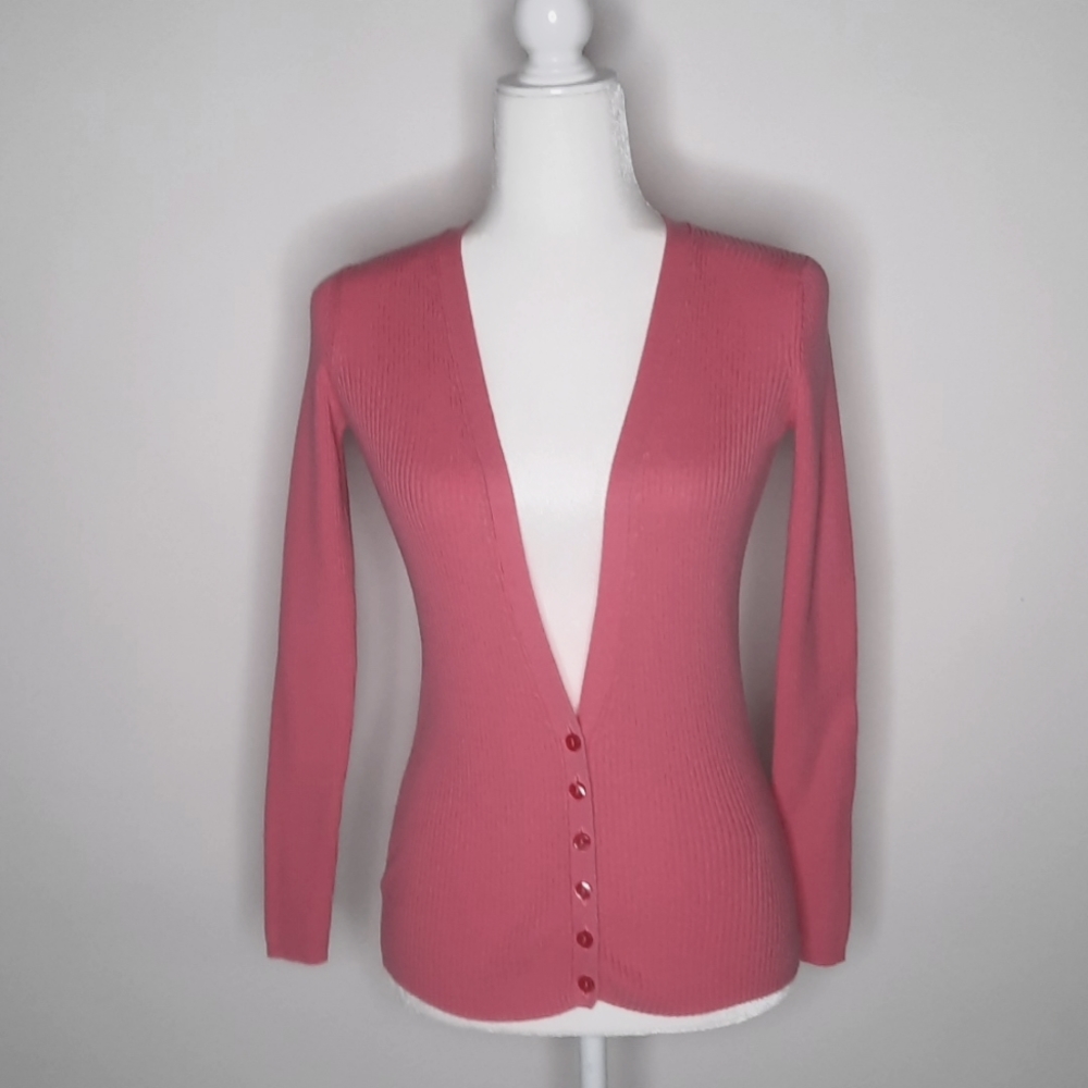 Moda International Bubblegum Pink Ribbed V-Neck Cardigan, Size X-Small